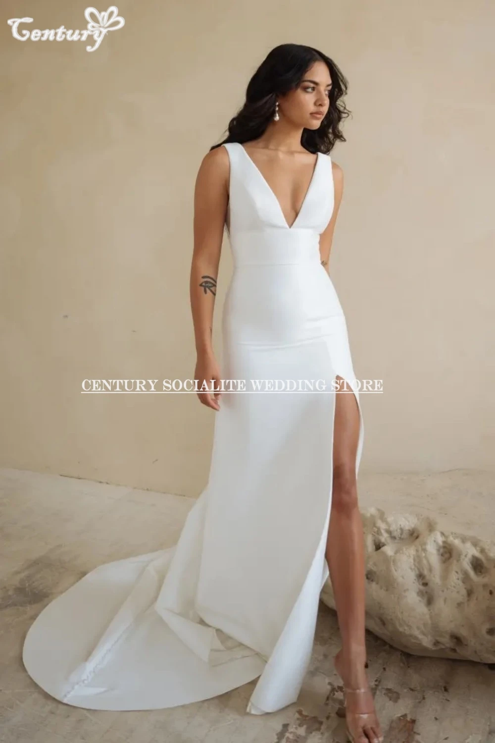 Eenvoudige bruidsjurken zeemeermin v-hals backless zijsplit sexy satijnen bruidsjurken bruid receptie jurk vestido novia aangepast