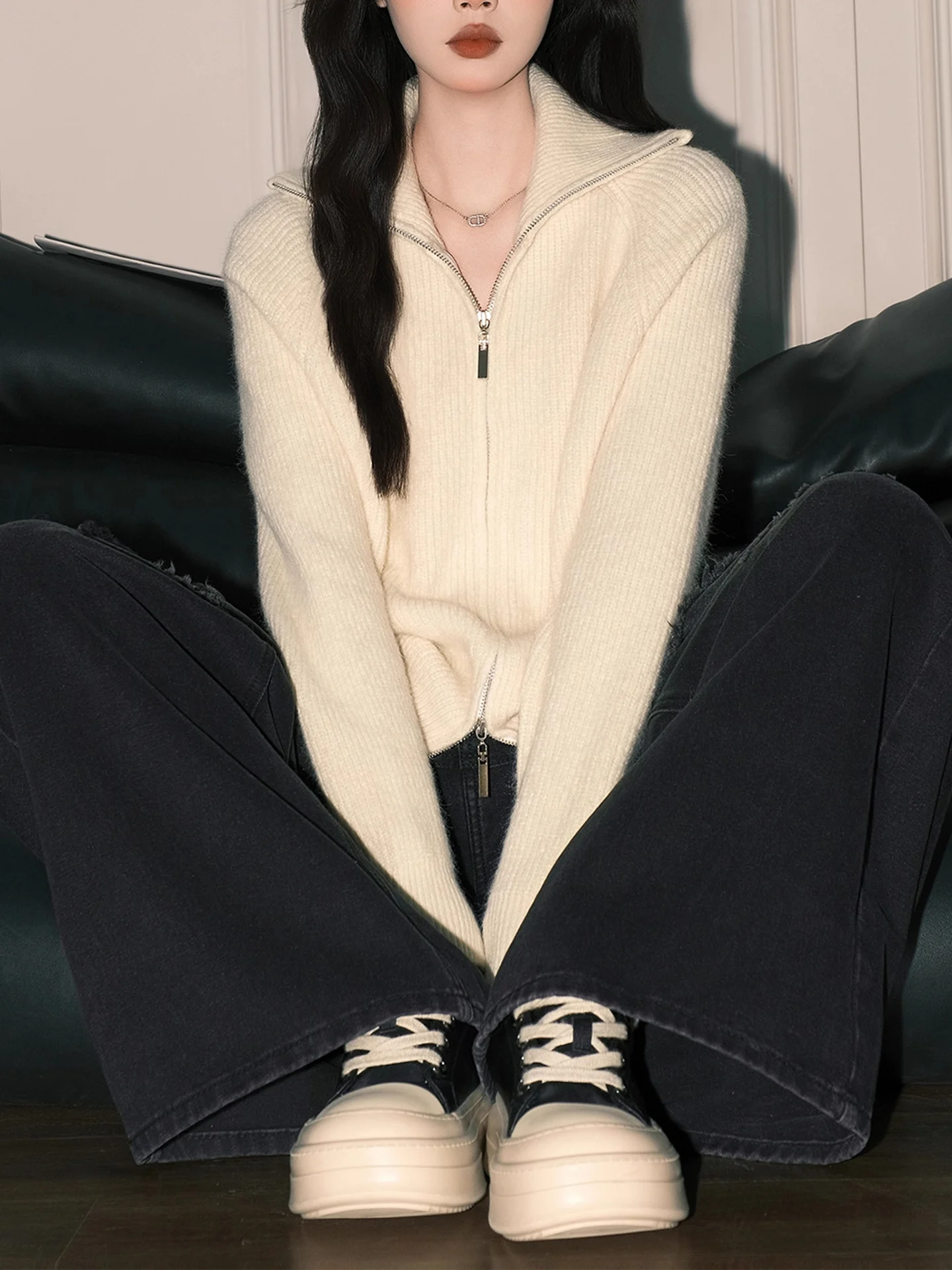 Miękki Biały Rozpinany Sweter z Podwójnym Zamkiem Damski Długi Sweter Dzianinowy Jesienno-Zimowy Ciepły Puszysty Top dla Nastolatek