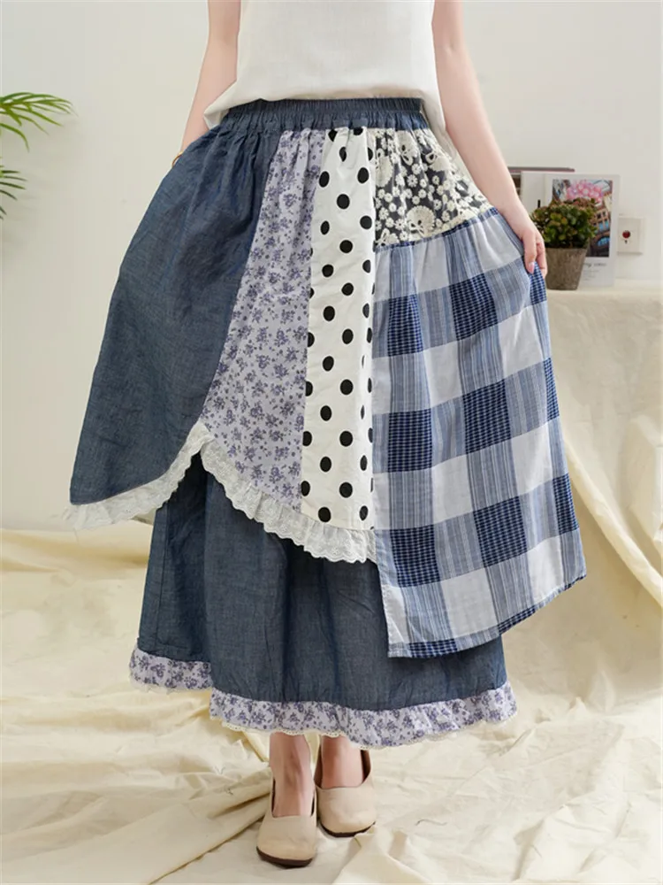 

SuperAen Autumn 2024 Irregular Double Layer Skirt Vintage Patchwork Denim Skirt for Women