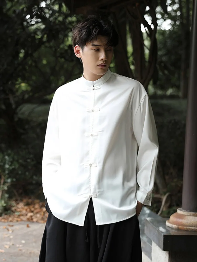 

New Chinese Style Men's White Shirt Stand Collar Coat Button up Traditional Hanfu Costume Set Casual Loose Fit Polyester Fiber