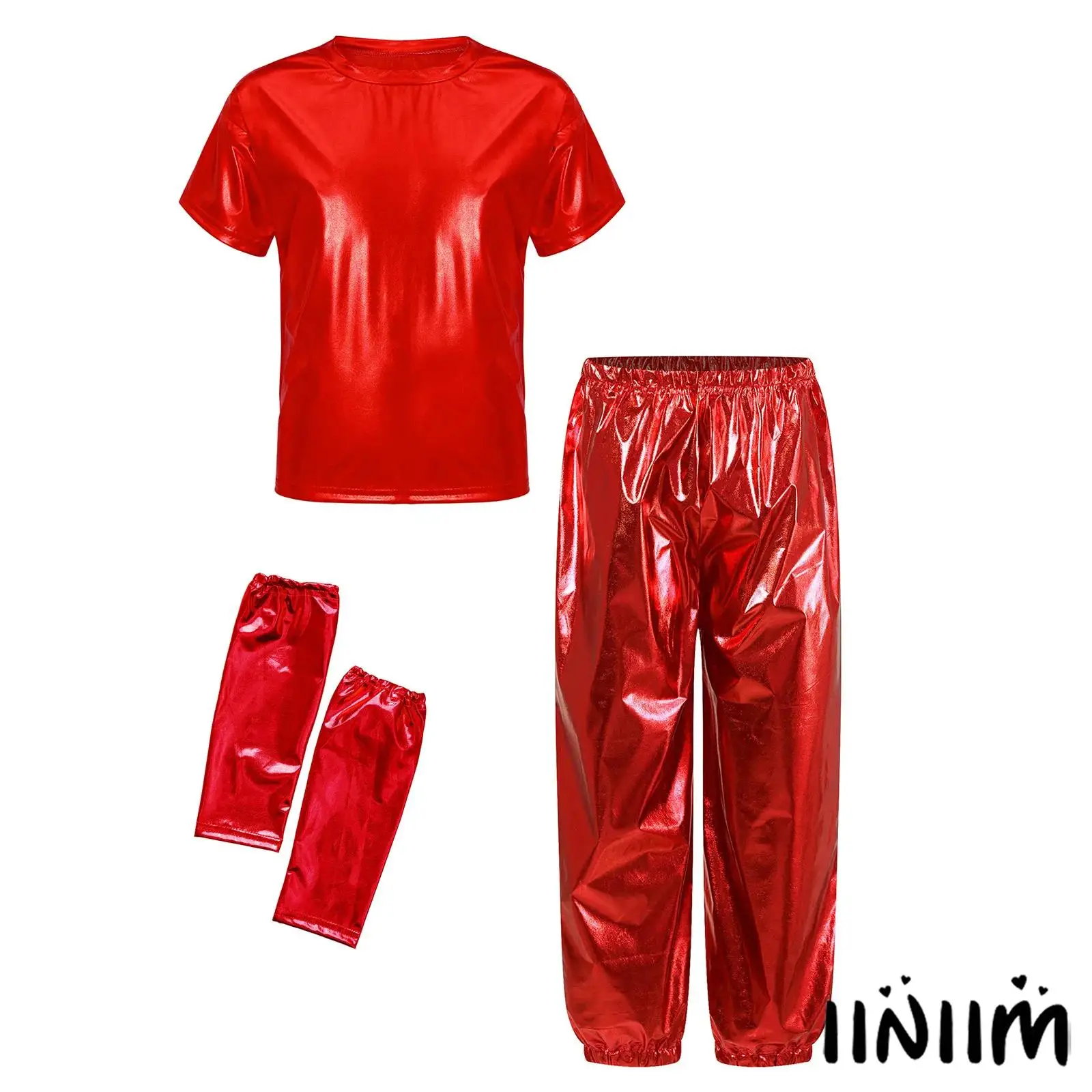 

Kids Girls Boys Jazz Disco Dance Shiny Set Stage Performance Short Sleeve Round Neck Metallic T-shirt with Elastic Pants Gloves