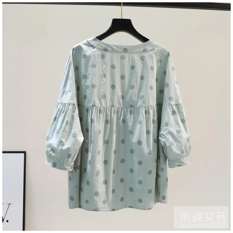 Blusa de gasa con cuello redondo para mujer, camisa holgada de manga corta con estampado de lunares, Estilo Vintage Harajuku, Verano