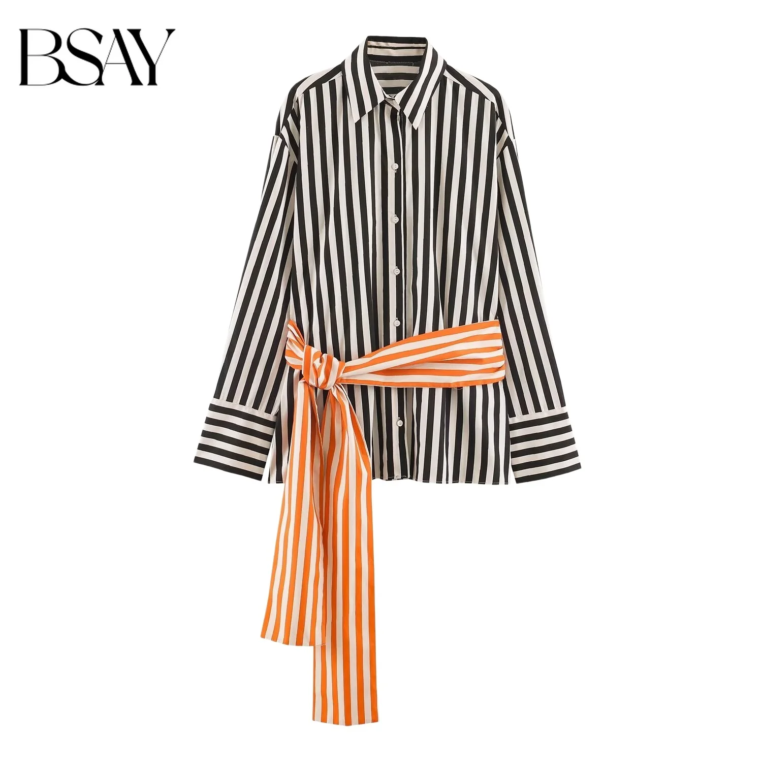 BSAY 2026 Trendy Fashion Women Contrast Striped Shirt Lapel Collar Button Down Long Sleeve Blouse With Detachable Long Sash Belt