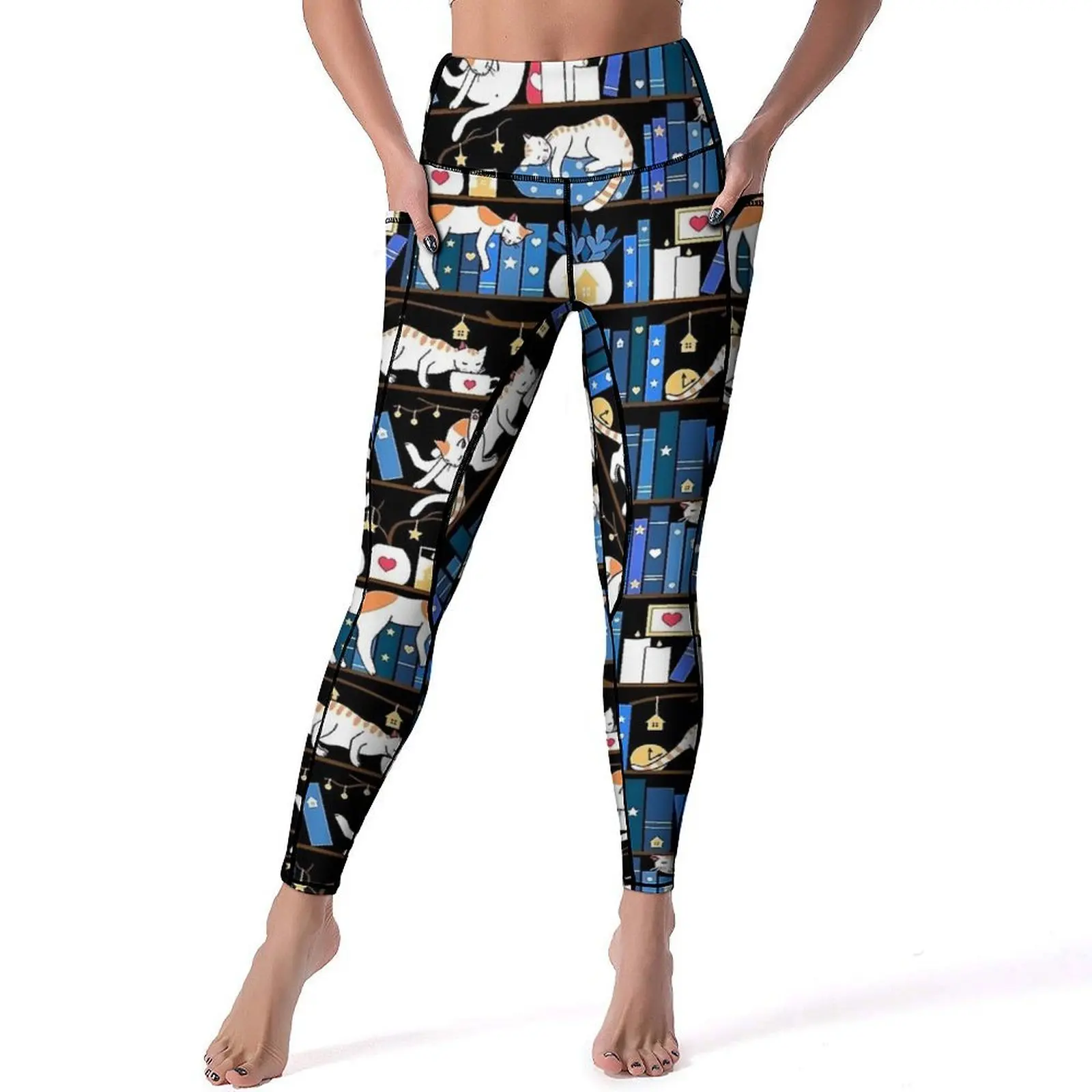 Blauwe bibliotheek kat legging sexy fitness gym yoga broek push-up sneldrogende sport legging zakken grappig ontwerp leggings