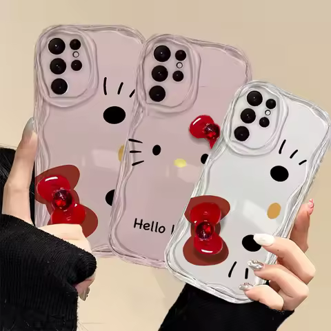 3D Red Bow Love Heart Chain Hello Kitty Case For Samsung Galaxy S25 S24 S23 S22 Ultra S21 Plus S20 S21 FE A55 A54 A34 A06 Cover