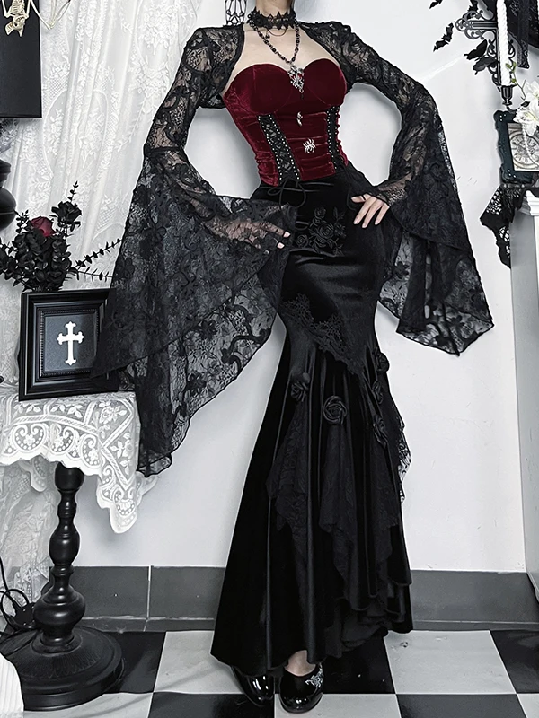 loween Gothic Lace Floral Print Women's Outfit with Fi Tail Skirt And Top Bundle k Sle High Waist Polyester Fiber