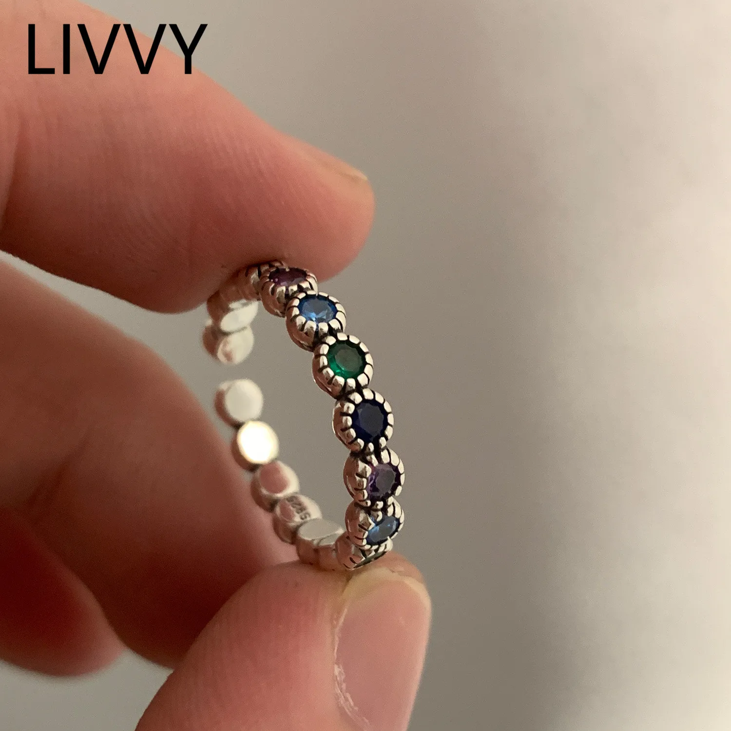 LIVVY Silver Color New Fashion Multi-colored Circular Zircon Chain Ring For Women Trendy Creative Adjustable Party Jewelry