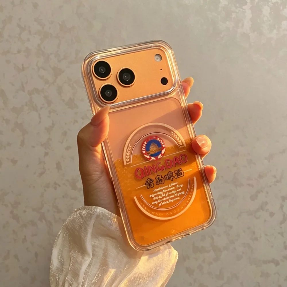 Funny Qingdao Beer Liquid Quicksand Phone Case For iPhone 17 16 15 14 13 12 11 Pro Max Plus 16E 17E Clear Shockproof Soft Cover view 3