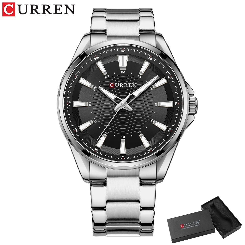 CURREN Casual Business Quarzuhren für Herren, Edelstahlband, schwarze Armbanduhren mit 44-mm-Zifferblatt und leuchtenden Zeigern 10