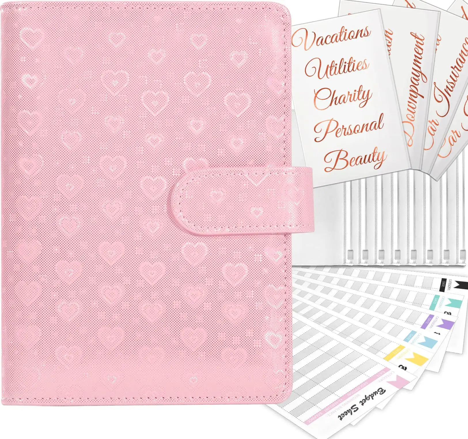 A6 Pink Blue Cover Budget Planner Binder With 8Pcs Zipper Envelopes Cash Envelopes For Budgeting Money Organizer Binder