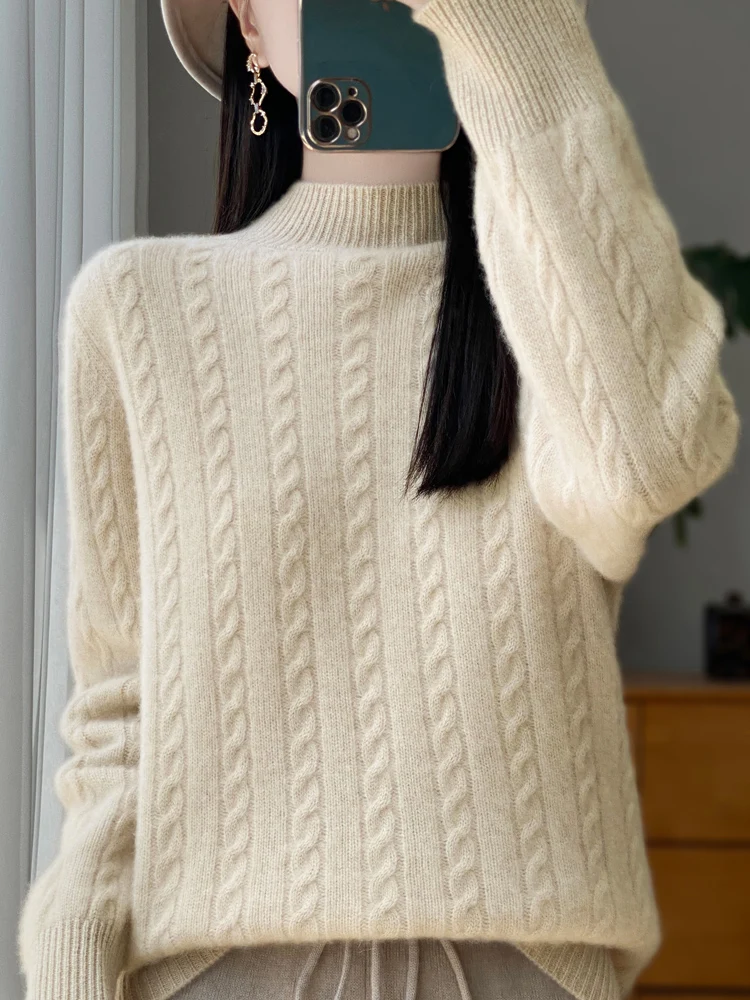 

Delicate Women's Pullover Sweater Twist Flower Knitwear 100% Merino Wool Sweater Basic Autumn Winter Half High Collar Casual Top