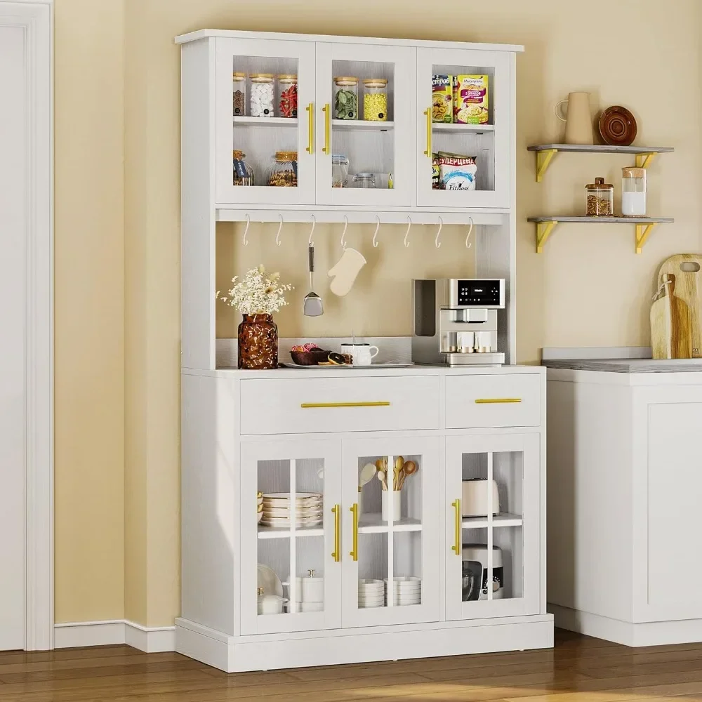 

%a 71'' Kitchen Pantry Storage Cabinet with Microwave Stand, Modern Tall Kitchen Hutch Cabinet with Power Outlet,