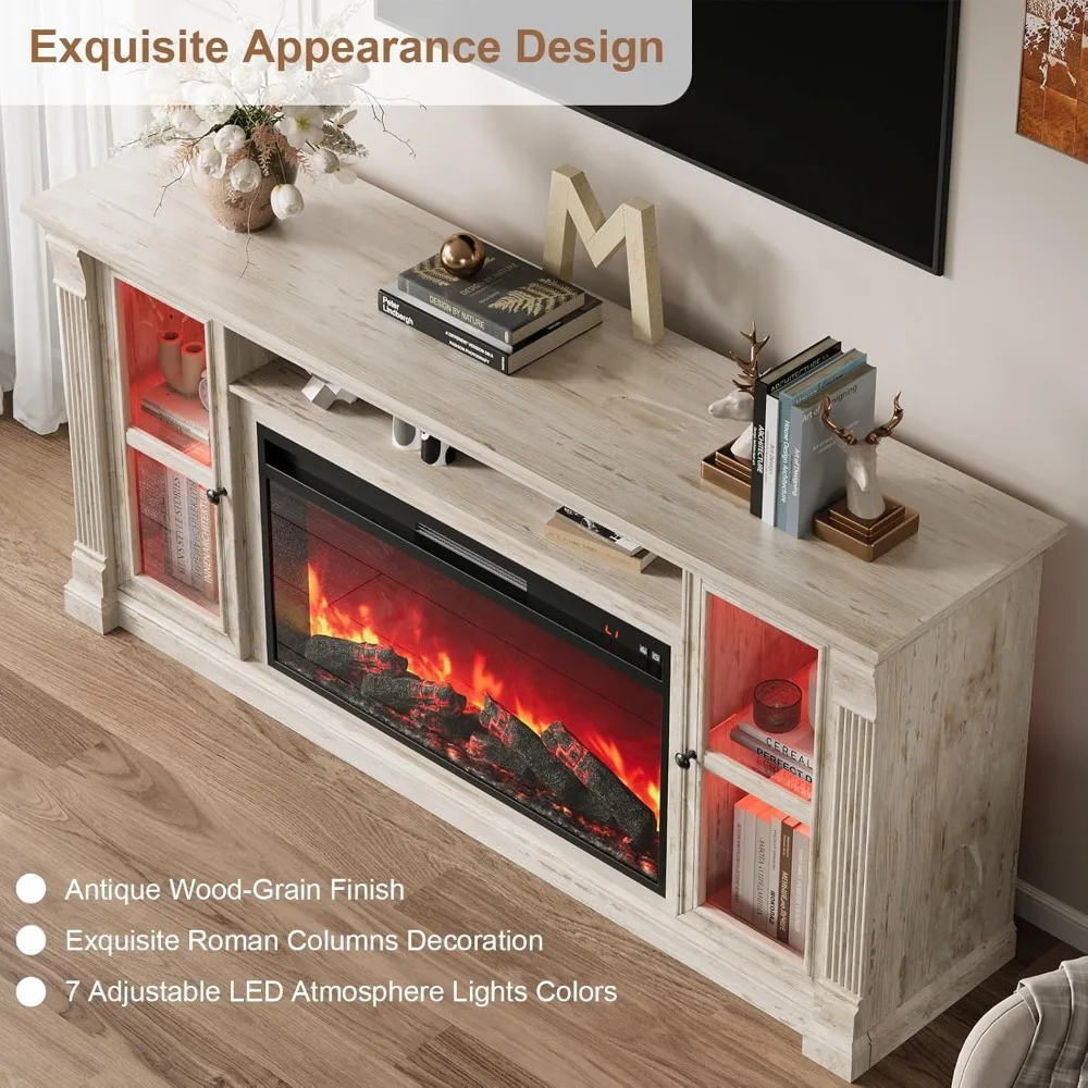 Soporte para TV con chimenea de granja de hasta 80 televisores, 70 centros de entretenimiento modernos con 36 chimenea eléctrica y luces LED, medios