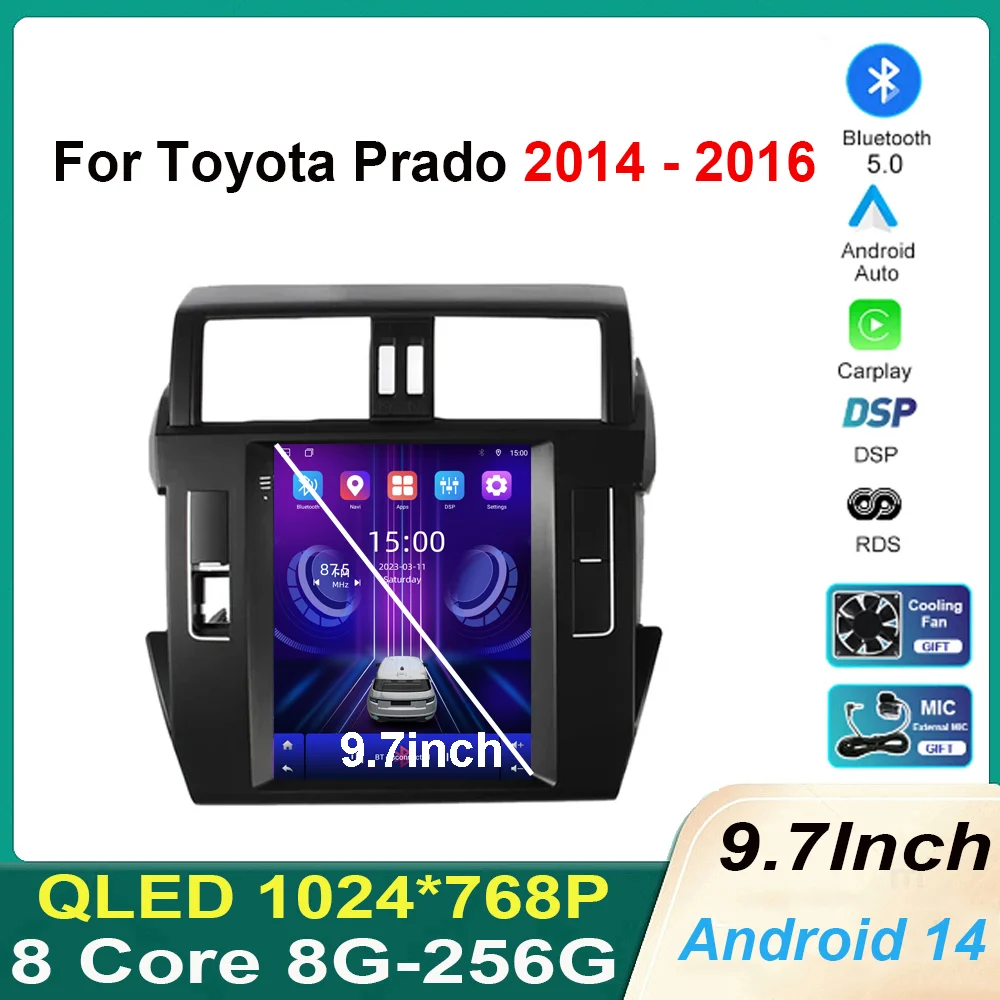 android 14 for Toyota Prado 2014 - 2016 Car Radio Multimedia Video Player GPS Navigation Stereo Autoradio QLED Screen WiFi BT