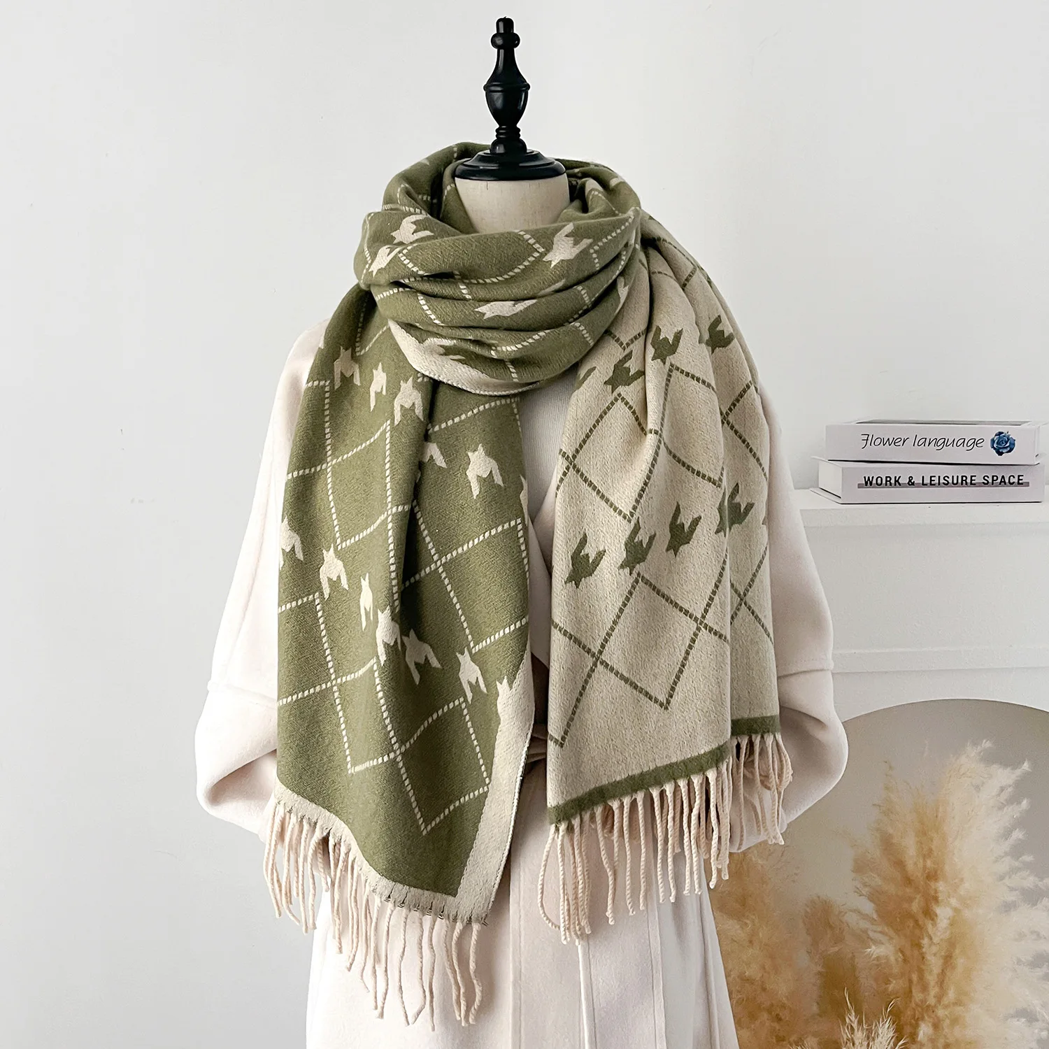 Women Houndstooth Plaid Scarf Shawl Double Sided Wrap Tassel Pashmina Warm Soft Faux Cashmere Feel Scarves for Winter Gift