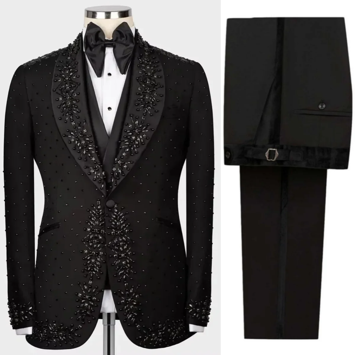 

Royal Wedding Tuxedos 2 Piece Set Jacket Pants Men Suit Luxury Handmade Beaded Shawl Lapel Evening Groom Coat Customized