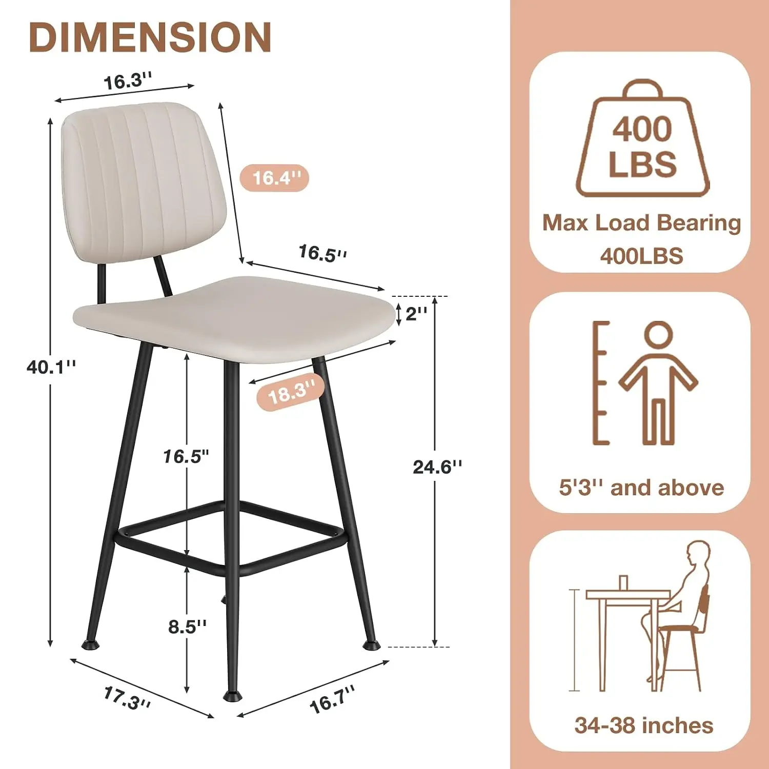 24-Inch Leather Bar Stools Set of 4 with High Backrest, Customized