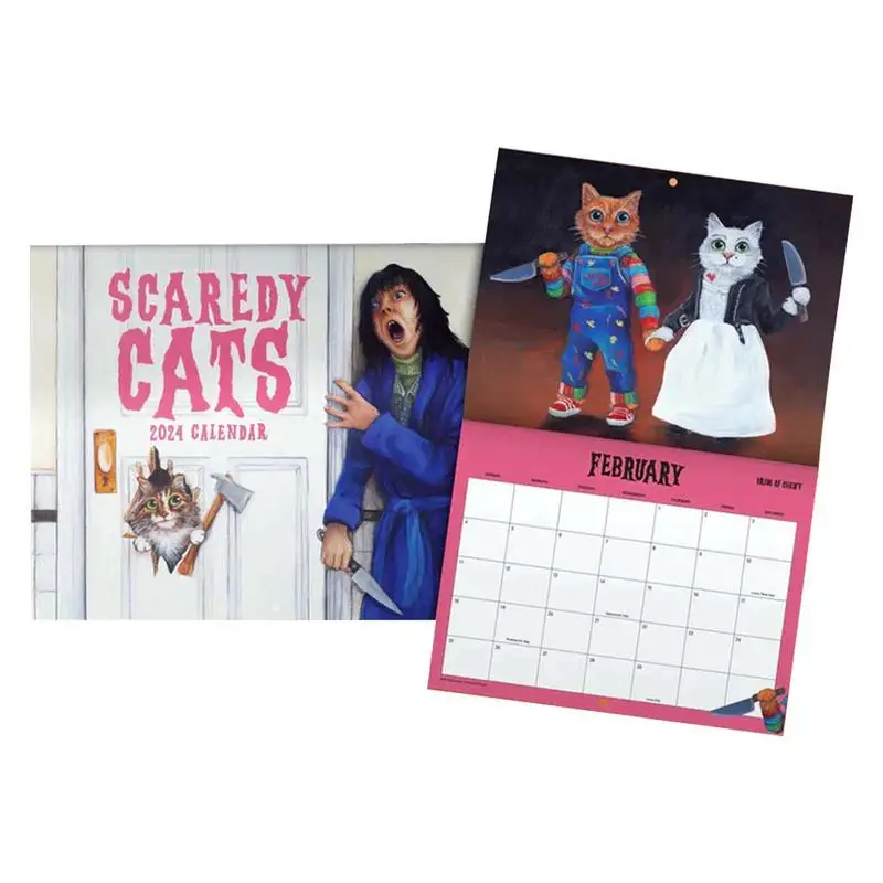 Calendario mensual Scaredy Cats 2024, parodia de gato de película de terror, calendario de pared de 12 meses para planificar el organizador y el horario diario