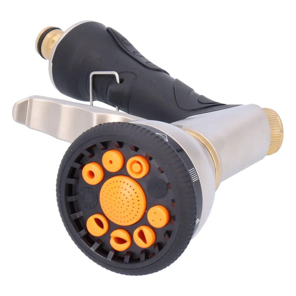 Durable Metal Garden Hose Nozzle 9 Spray Patterns Orange Water Hose Sprayer Heavy Duty Metal Leakproof Hand Sprayer