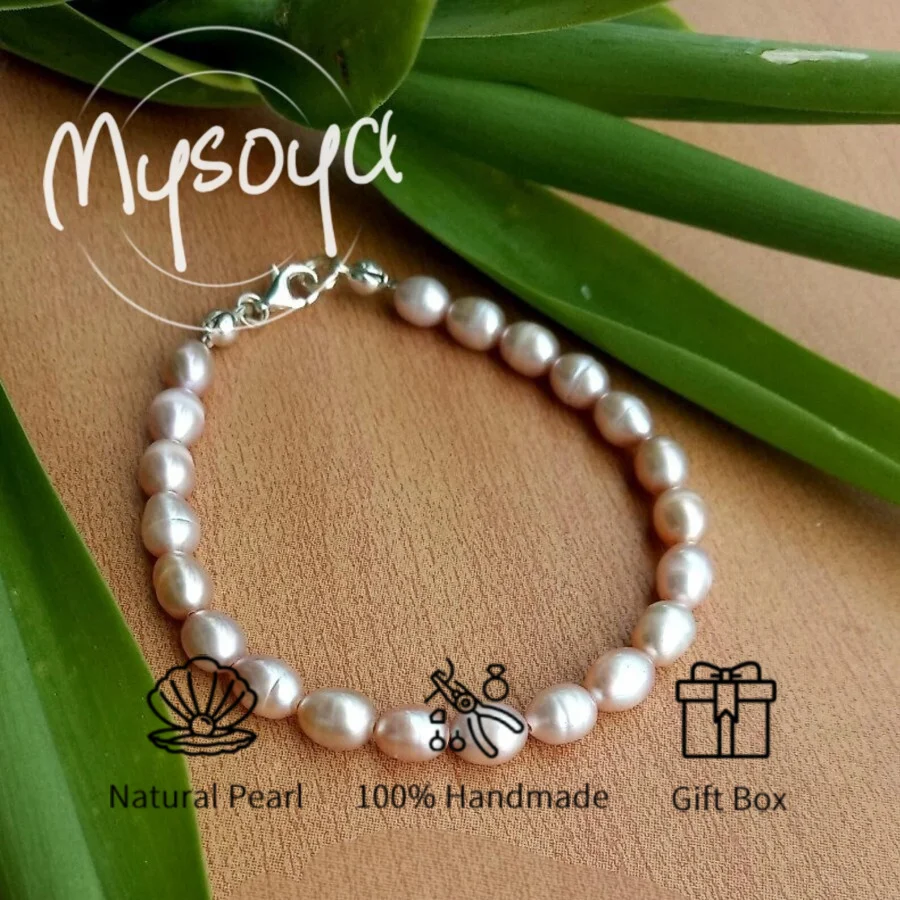

MYSOYA 7-8mm Natural Pink Freshwater Rice Shape Pearl Bracelet For Women Men With Gift Box Perfect Birthday Wedding Gift