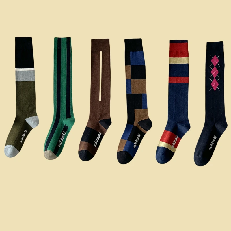 

Preppy Style Argyle Socks Women Vintage Knee High Knitted Socks Girls Thin Leg Long Cotton Socks Stripes Plaid Retro Stockings