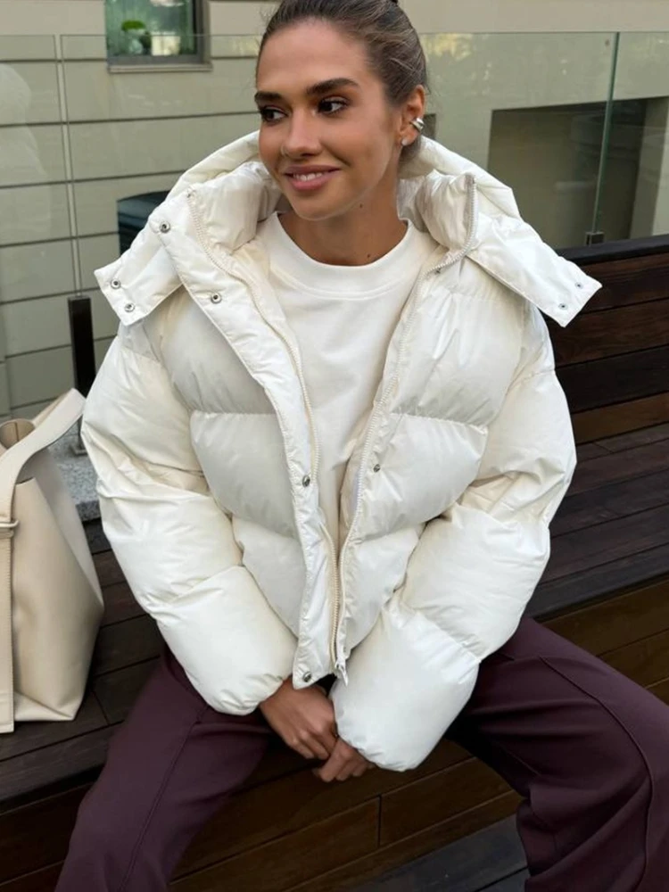 Tossy Casual Solid Hooded Short Parker Coat For Women Warm Long Sleeves Loose Pocket Zipper Winter Long Sleeves 2025 Parker Coat