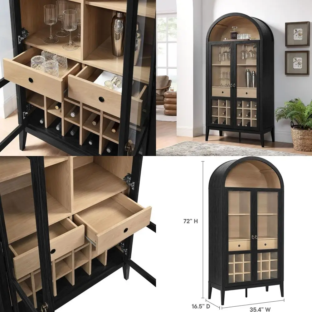 

Высокий арочный шкаф для хранения вина (72 дюйма) со стеклянной дверцей и полками - элегантный черный цвет под дерево для столовой или гостиной