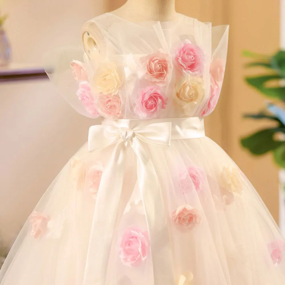 Jill Wish Luxury White Dubai Girl Dress Handmade Flowers Arabic Princess Kids Wedding Birthday Party Long Ball Gown 2025 J277