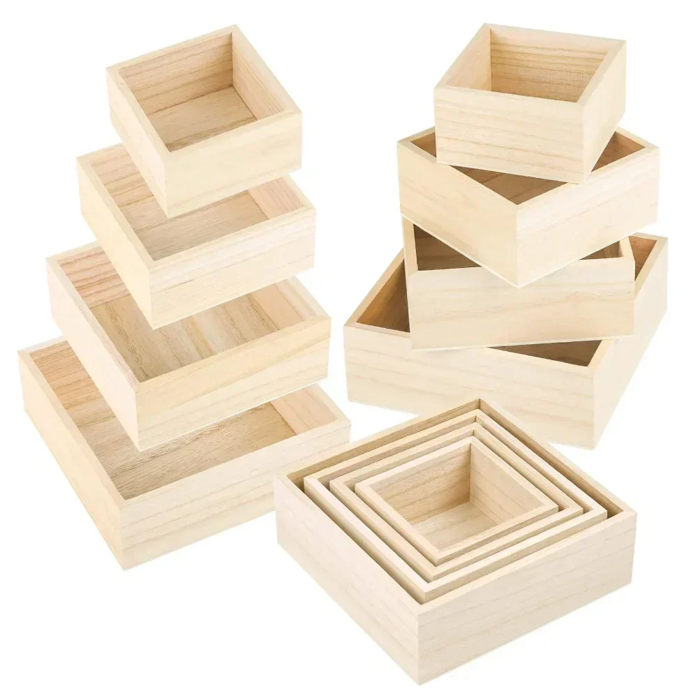 

4pc Square Wooden Storage Box for Succulent Flower Miscellaneous Handicraft Home Furnishings -Eco-Friendly Organizer Container