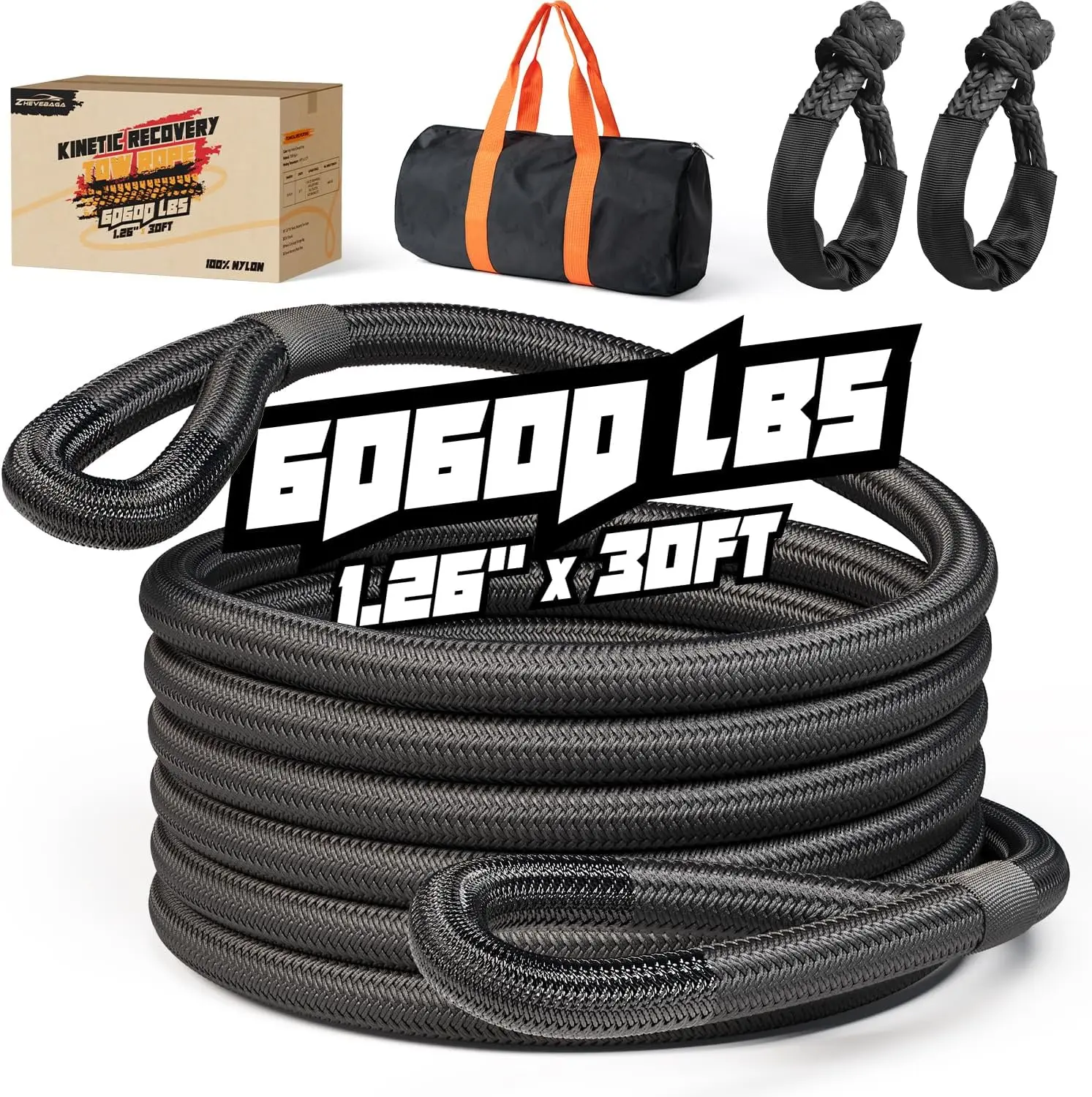 

Heavy Duty 1.26" x30ft Kinetic Recovery Tow Rope, 60600 lbs Snatch Strap with Soft Shackles for Offroad Trucks ATV SUV Jeep