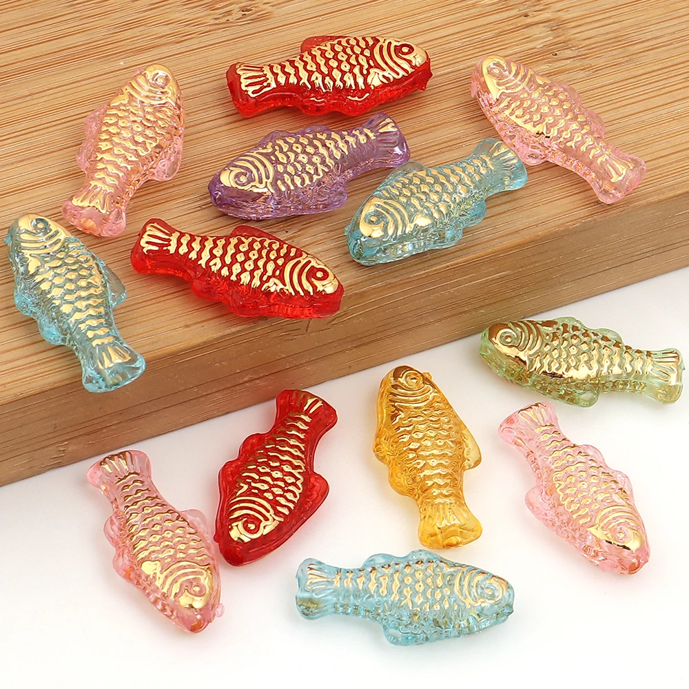 10 Stück goldfarbene kleine Fisch-Acrylperlen, bunte lose Abstandsperlen für die Schmuckherstellung, DIY-Armband, Halskette, Zubehör – Detail 6