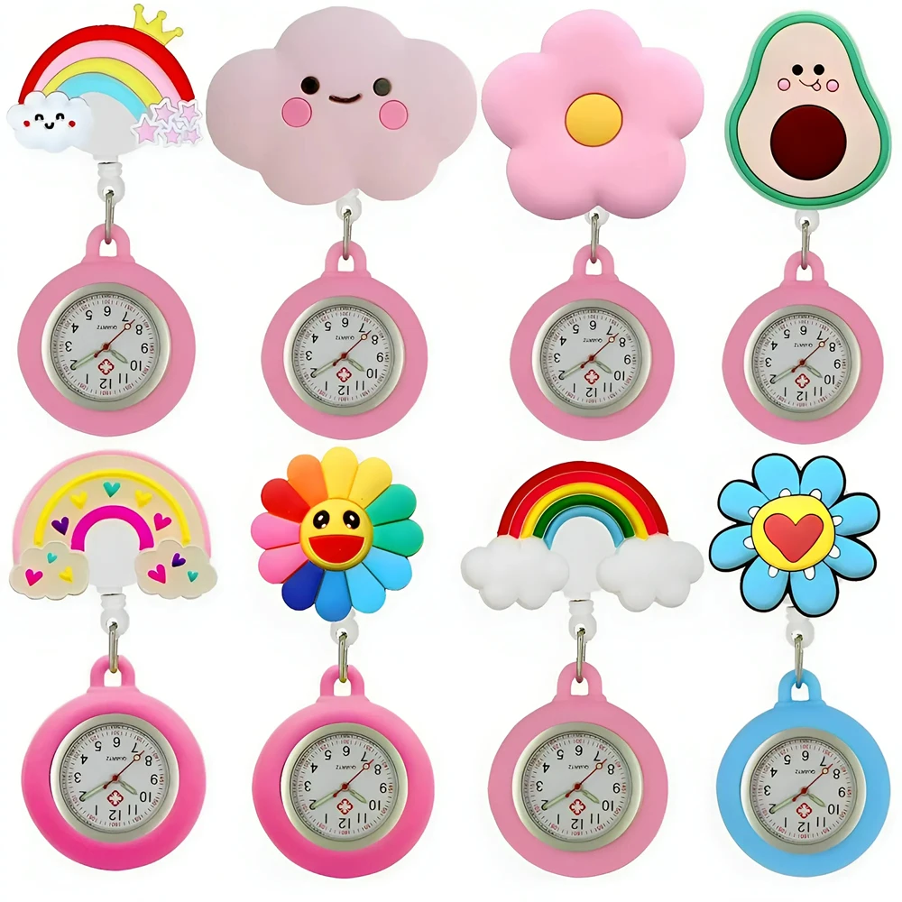 Krankenhaus einziehbare Krankenschwester Arzt Cartoon Blumen Früchte Wolke Regenbogen Lächeln Uhr Clip hängen medizinische Abzeichen Reel Taschenuhren