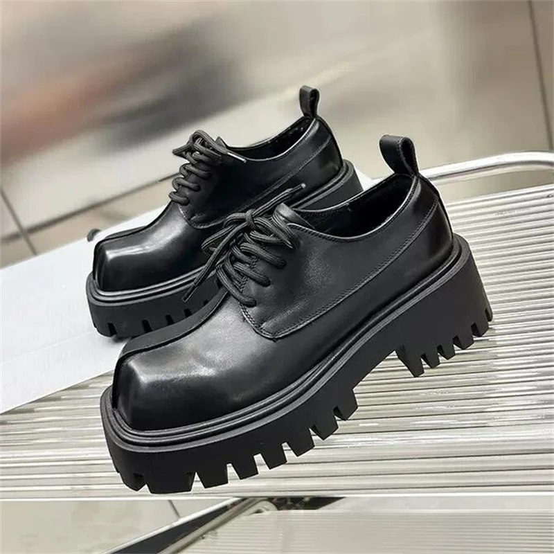 

New Square Toe Genuine Leather Height Increase Thick Sole Single Shoes Women British Platform Derby Leather Shoes Female