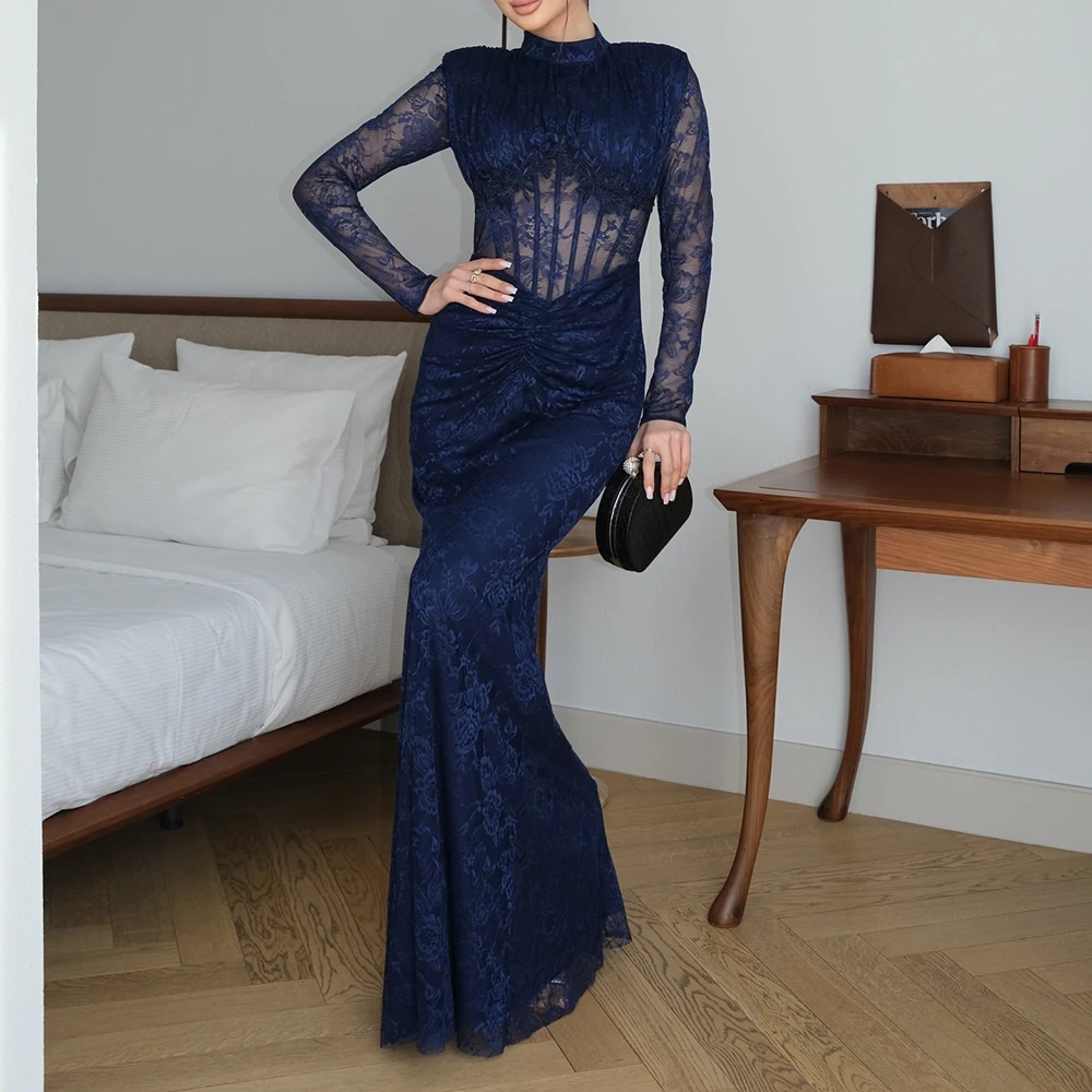 

Women's A-line Evening Dresses Floor-length High-neck Full Sleeve Prom Gown Fashion Lace Pleat Simple Draped Customized Gowns