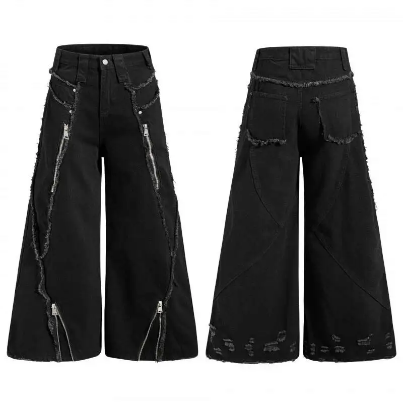 Fringe Heavy Raw Zipper Patchwork Jeans For Men Women High Waist Wide Flare Leg Vintage Street Casual Denim Trousers S4HK