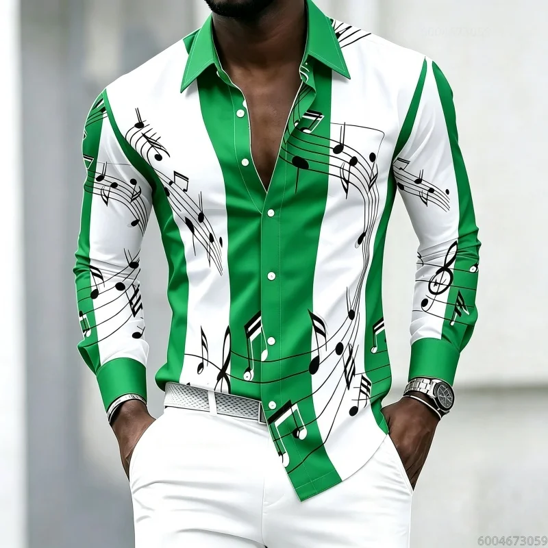 Men's Collared Shirt with Musical Note Print, Trendy