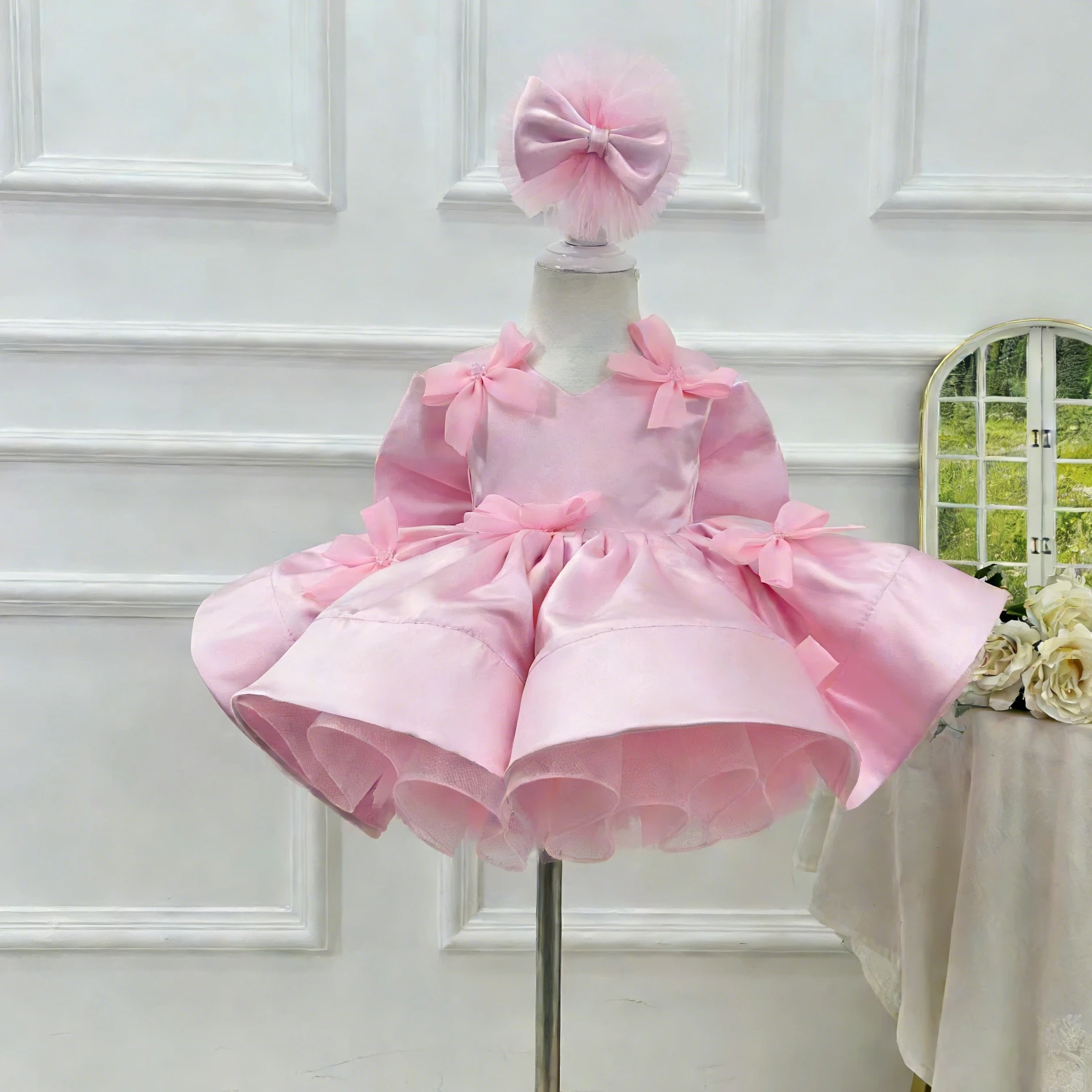 

Customized Pink Flower Girl Dress For Wedding Glitter Bow Sleeveless Knee Length High Waist Kids Birthday First Communion Gown