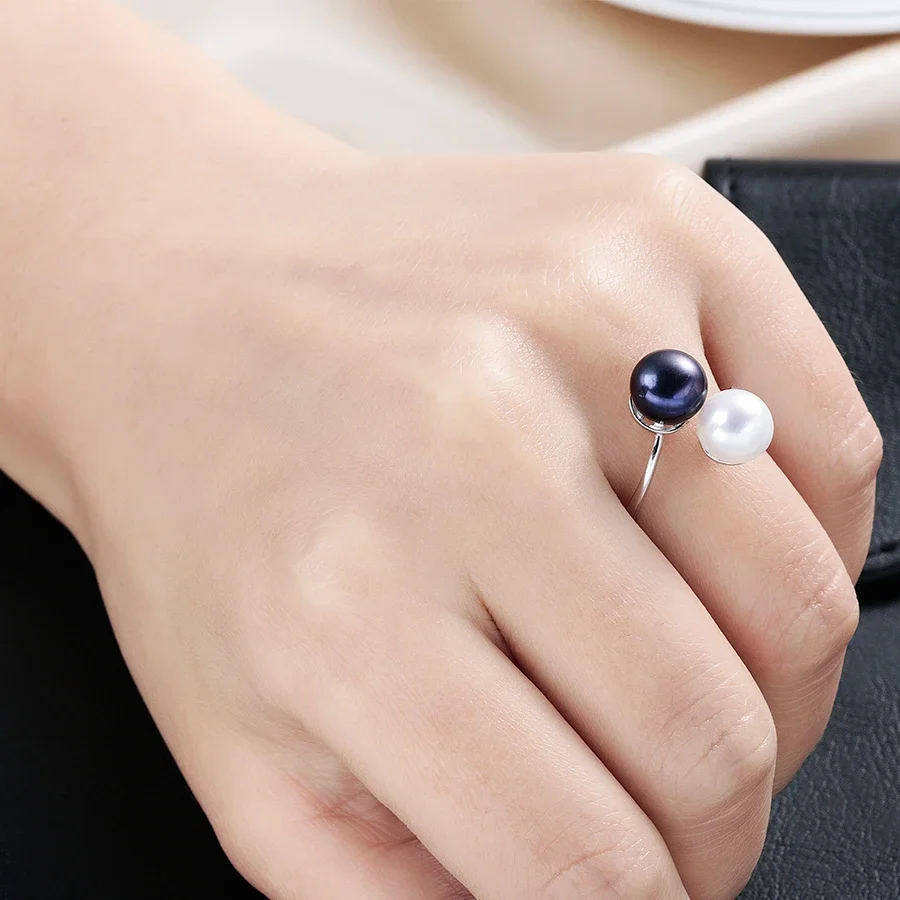 2026 New Arrival Black Natural Freshwater Pearl Ring Adjustable Fashion Novel Ring 925 Sterling Silver Jewelry For Women Gifts