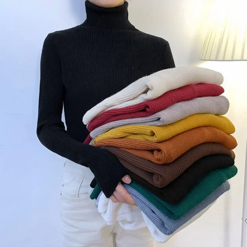 

Women Turtleneck Sweater Winter Fashion Elastic Knitted Pullover Ladies Jumper Casual Solid Stripe Female Basic Tops 20 Colors