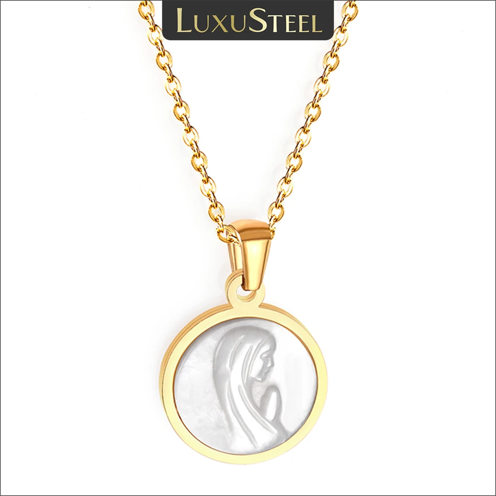 LUXUSTEEL Jesus Virgin Mary Round Shell Pendant Necklaces for Women Girls Best Friend Golden Color Stainless Steel Chain Collars