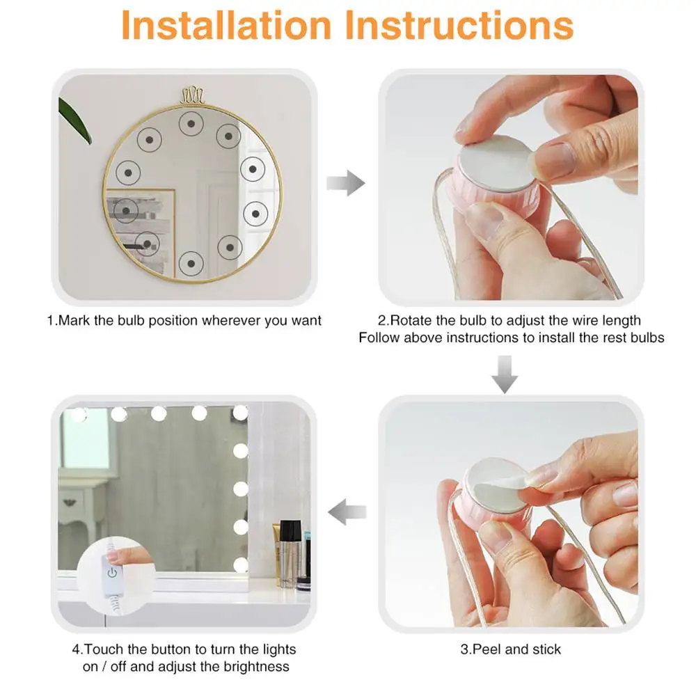 2/6/10/14 Bulbs Bathroom Mirror with LED Light Makeup Mirror Lamp Dressing Table Dimmable LED Vanity Lights USB Mirror Lighting