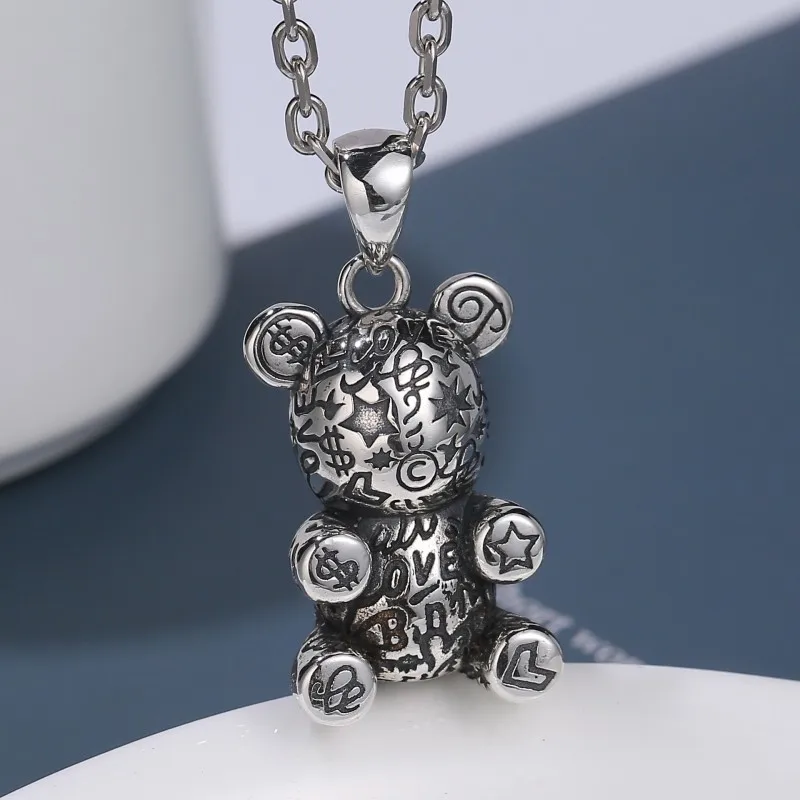 BOCAI S925 Pure Silver Retro Light lLuxury Personality Cute Graffiti Bear Pendant Gift For Couples