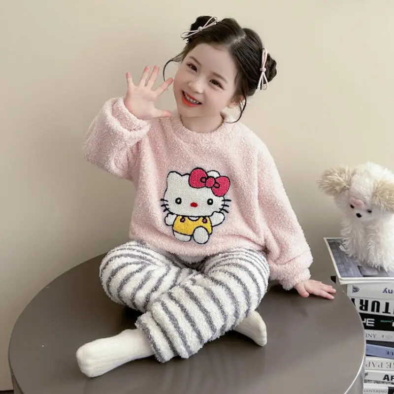 سانريو مرحبا كيتي البلوز منامة قطعتين مجموعة فتاة الخريف المرجان الصوف القمم السراويل الطفل kawaii أنيمي الكرتون ملابس منزلية جديدة #4