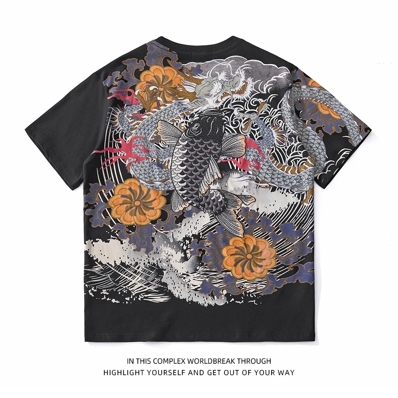 

Embroidered Pure Cotton Short Sleeve round Neck Dragon Print Carp Embroidery T-Shirt Heavy Industry Men's Fashion Tee