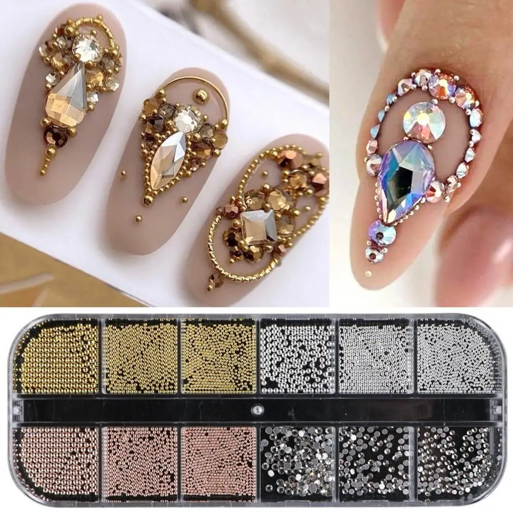 Conjunto de miçangas de unhas para mulheres, arte de unhas, pérolas falsas, estilo DIY Ins, kit de decoração para desenhos impressionantes, 12 desenhos