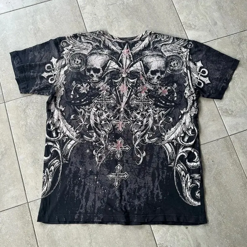 Dunkle Schädel bedruckte T-Shirts amerikanische Retro Sommer y2k Harajuku Marke Gothic Joker Baumwolle Paar Tops