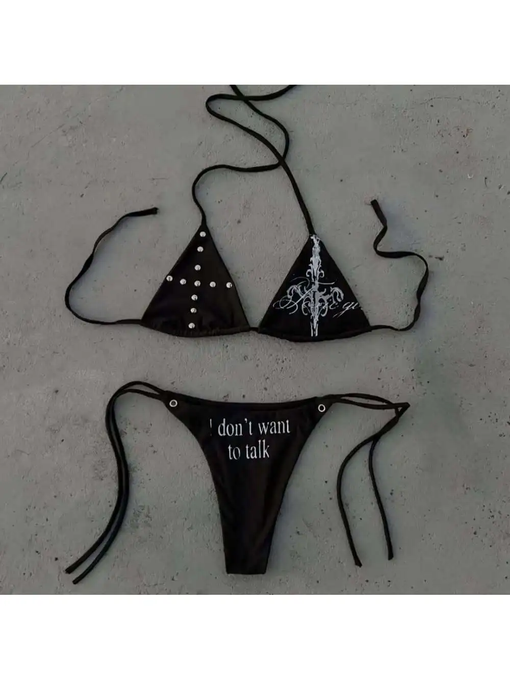 2026 New Gothic Dark Punk Rivet Cross Bikini Set with Alphabet Printed Hot Girl Bikini Fashion Y2K Trend Beach Swimming Vacation