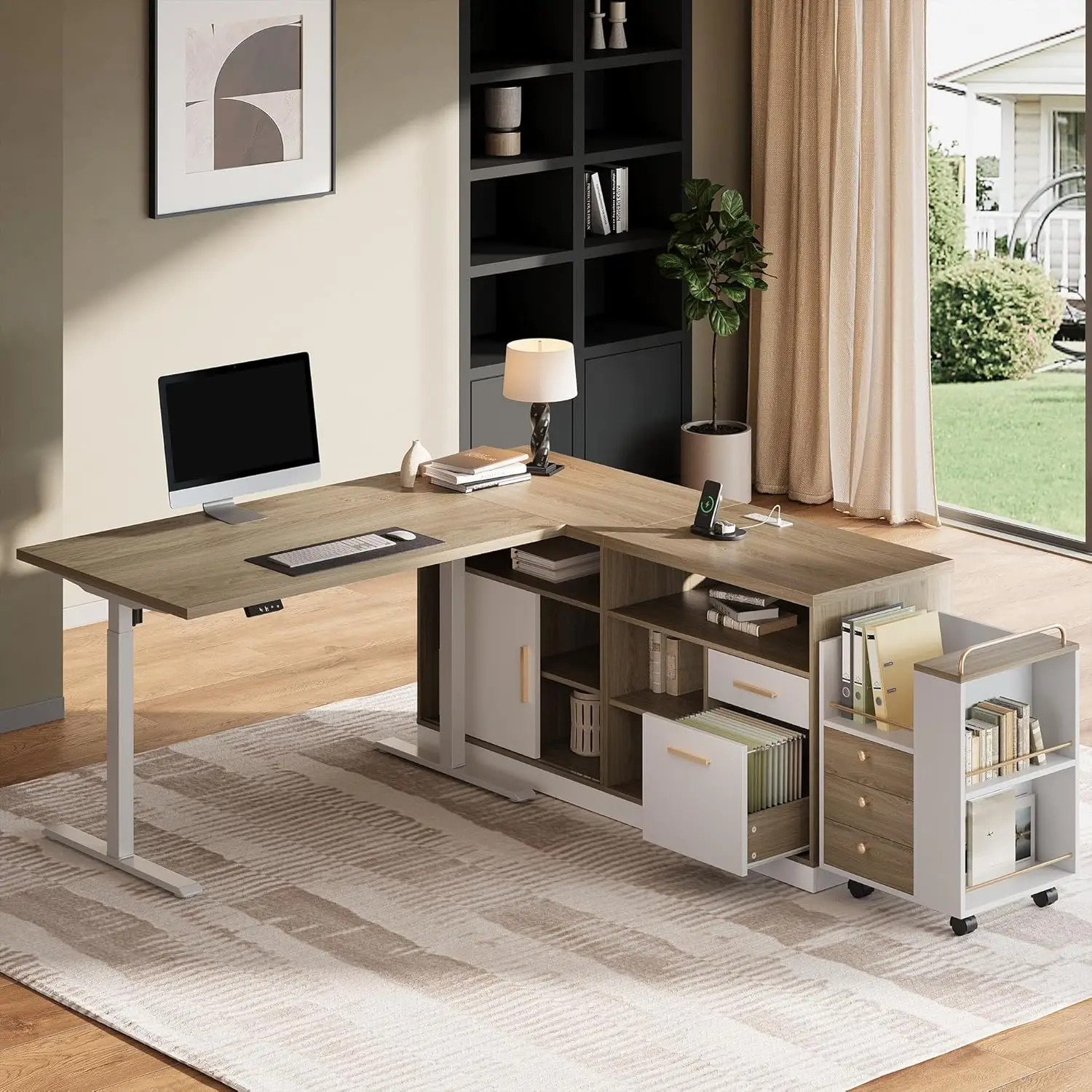 

67in L-Shaped Electric Standing Desk Rolling File Cabinet Adjustable Height 1.18in Desktop 3 Drawers Home Office Customized