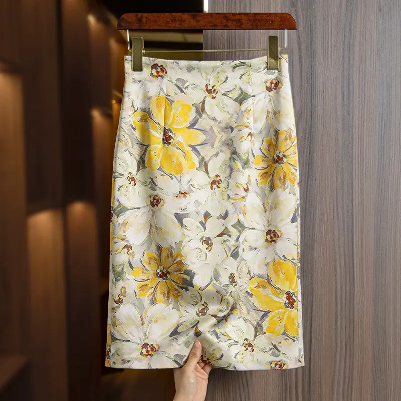 Spring Summer Women High Waisted Yellow Floral Pattern Slim Pencil Skirt , Woman Fashion Elegant Slim Knee Length Flower Skirts