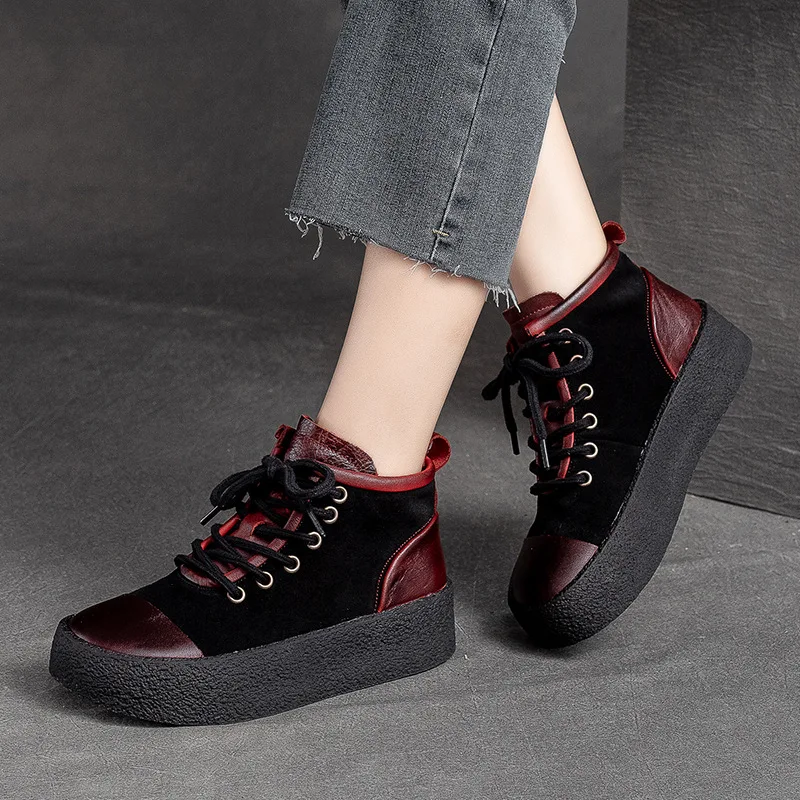 

Ankle Boots Women Leather Shoes Wedge Heels Flat Black Handmade Genuine Leather Women Knight Boots Casual 2023 Lace Up